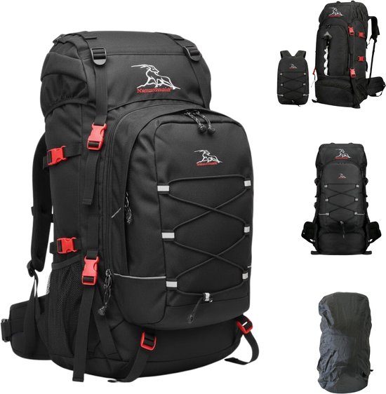 Zwarte Mauritania® trekkingrugzak met rode accenten, afneembare dagrugzak en regenhoes.