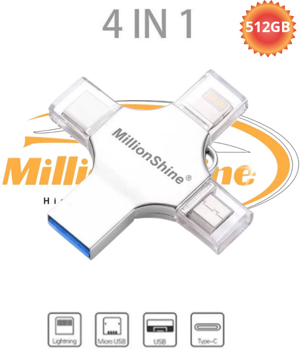 USB Stick 512GB - 4 in 1 Flash Drive - Externe Geheugen voor iPhone / iOS / Android USB-C / USB. 3.0 - Zilver