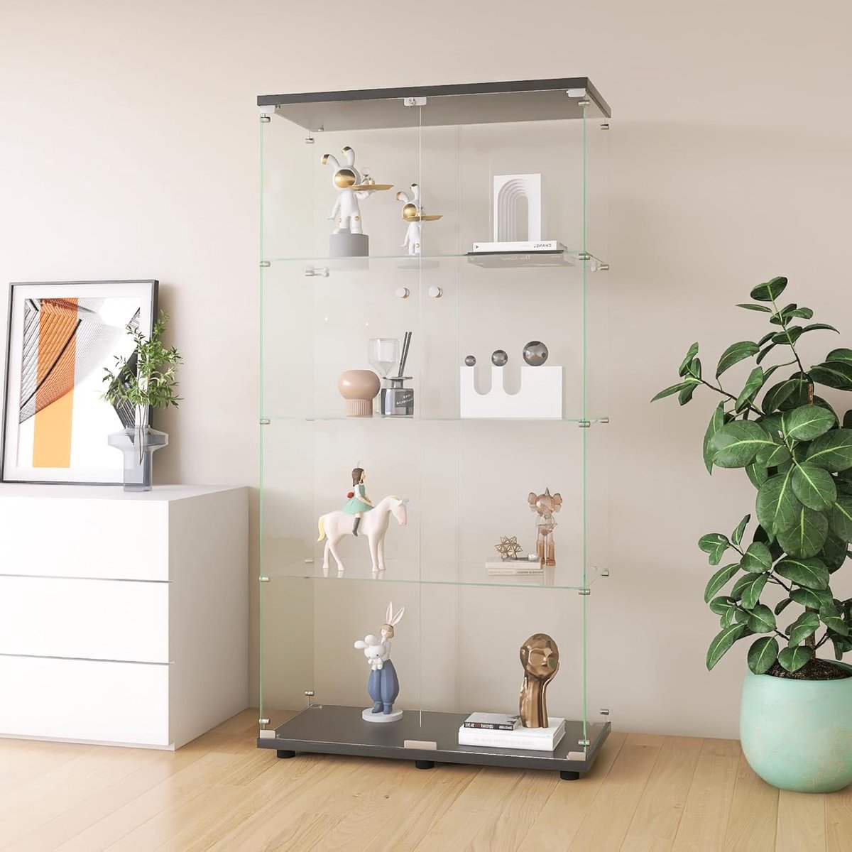 Glazen Vitrinekast - Staande Kast - Verzamelingen Tonen - Met Sluitbare Deuren - 164 cm Hoog - Zwart