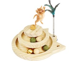 Interactief Kat Speelgoed voor Binnen met Houten Toren van 2 Verdiepingen, Ballen en Kattenstok, Versterkt Speelplezier en Mentale Stimulatie
