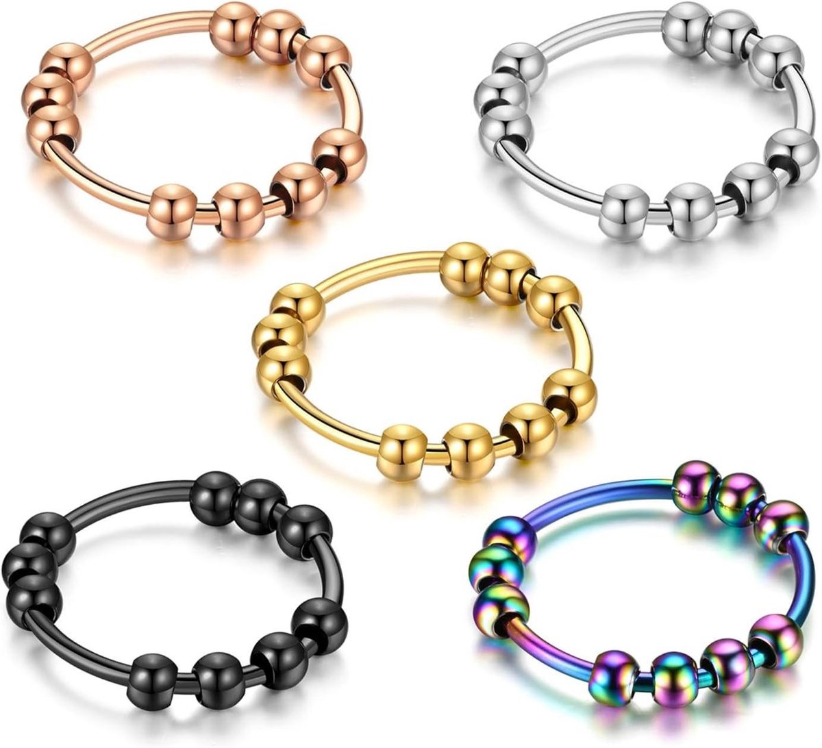 Anti-Stress Ringen - Parels Ringen - Rustgevend Gebruik - Set van 5 - Verstelbaar - Multicolor