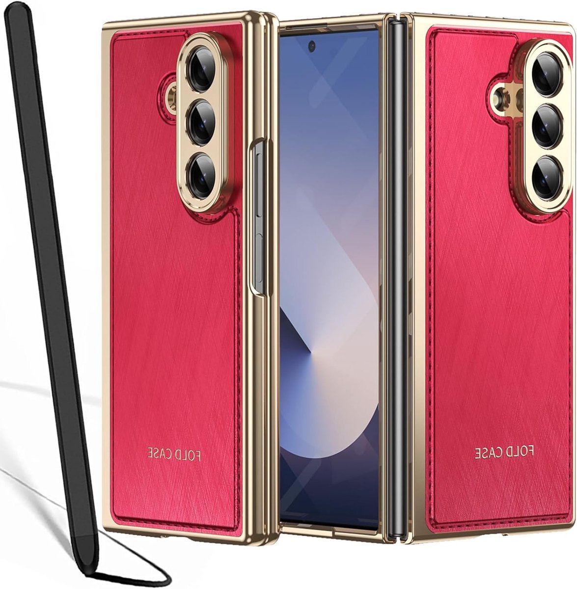Stijlvolle PU Leren Hoes voor Galaxy Z Fold 7 met Antislip, Schermbeschermer en S Pen Stylus Vervanging - Rood