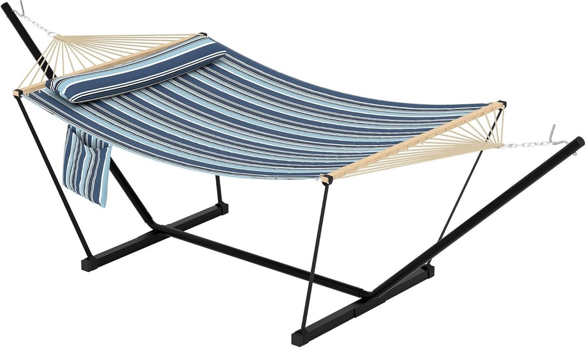 Hangmat met Standaard - 2-Persoons Hangmat - Inclusief Kussen en Balanstouw - Belastbaar tot 205 kg - Dubbele Hangmat voor Buiten - Tuin & Terras - Blauw