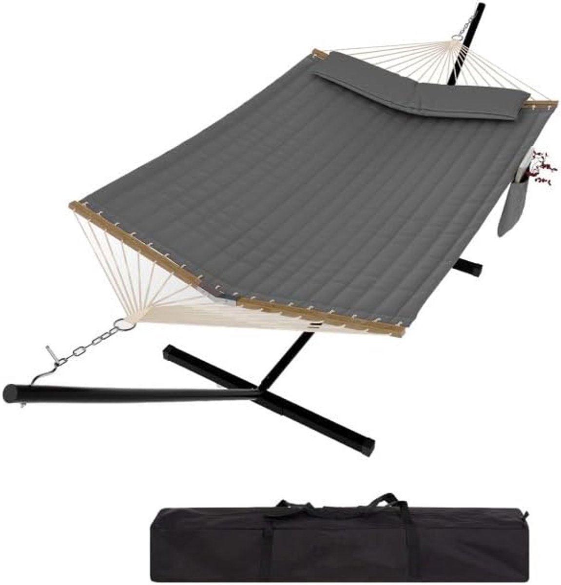 2-Persoons Hangmat met Standaard - Dubbele Hangmat met Stevig Stalen Frame - Max. 205 kg - Voor Binnen & Buiten - 365 x 140 cm -Donkergrijs