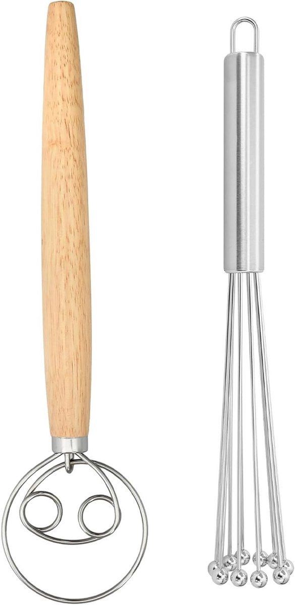 Set van 2, 10-delige roestvrijstalen handgarde en deegmixer met eikenhouten handvat, ideaal voor bakken, koken en mengen van ingrediënten