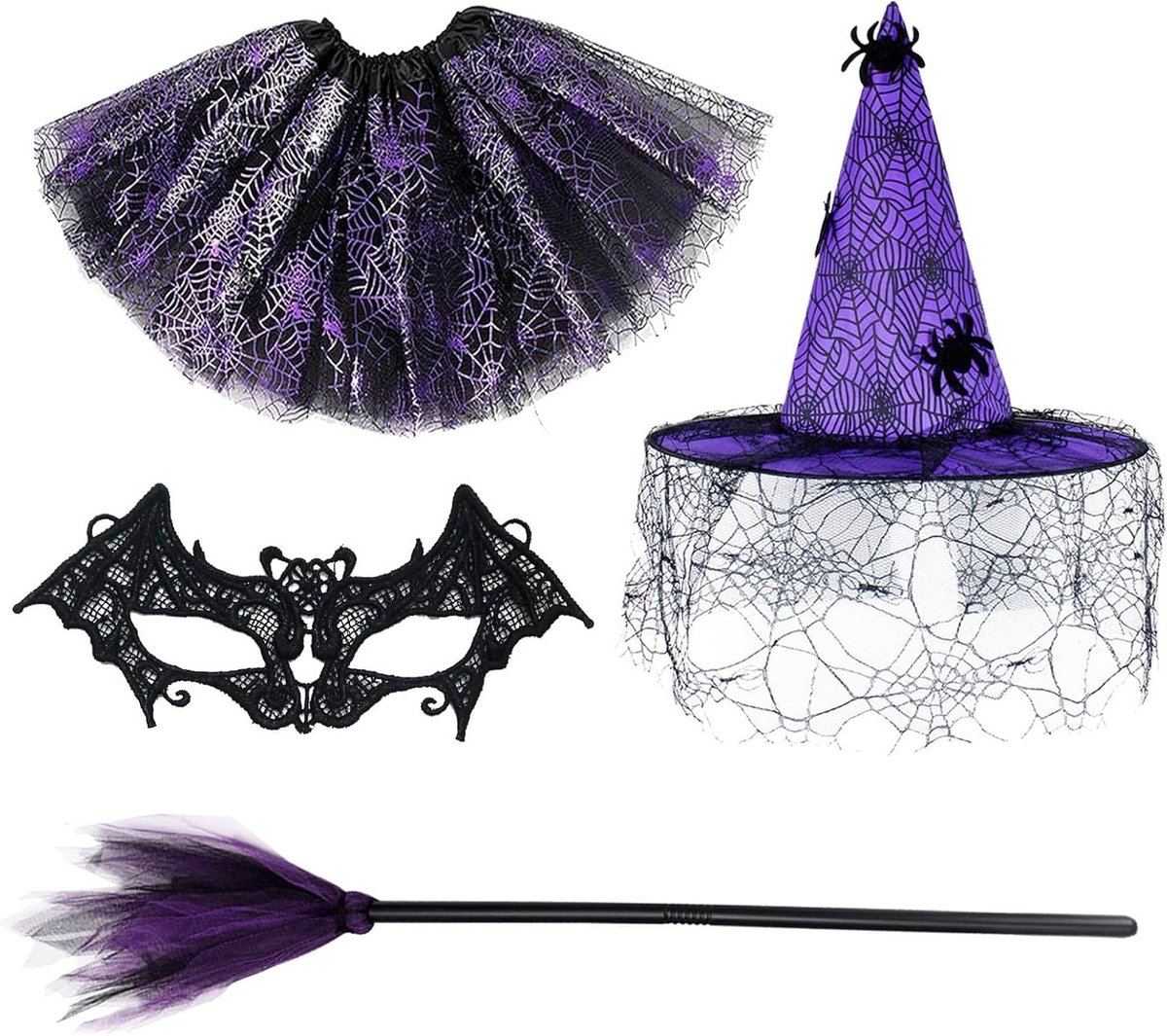 Halloween Tovenares Kostuum Set met Hoed, Masker, Korte Rok en Uniek Ontwerp in Lila Kleur - Perfect voor Feestjes en Verkleedpartijen
