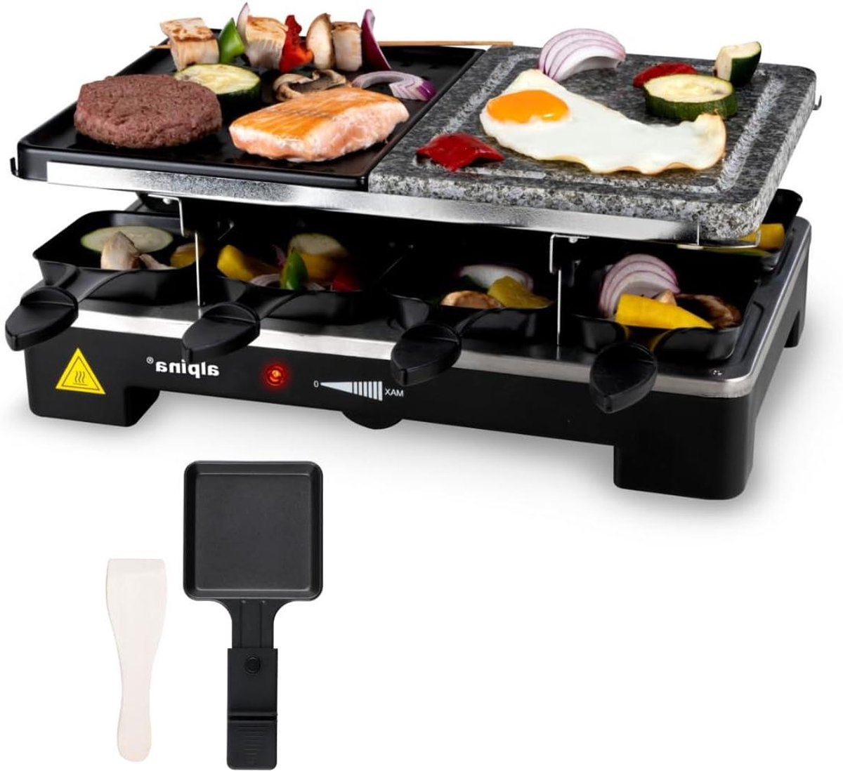 Raclette Steengrill - Gourmetstel Bakplaat - Gezellig Eten - Dubbele Grillplaat - 8 personen - Zwart