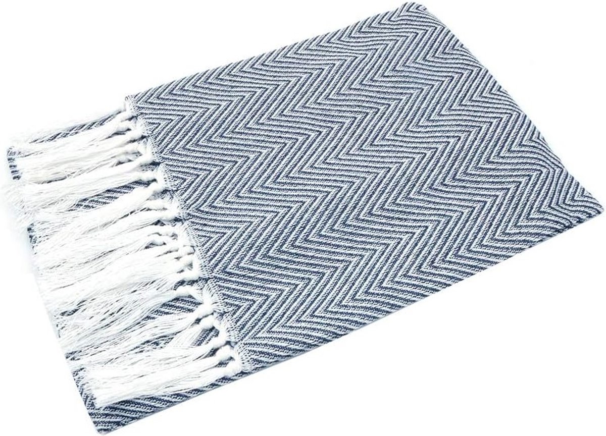 Set van 2 Katoenen Keukenhanddoeken met Golfpatroon en Kwastjes - Ideaal voor Handen, Gezicht, Haar, Gym, Yoga en Afwassen - Blauw, 15x24 Inch