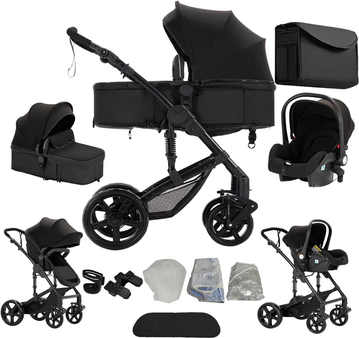 Kinderwagen 3-in-1 - Combi kinderwagen Babykuip - Veilig Vervoer - Dubbele schuifmodi - Opvouwbaar - Zwart