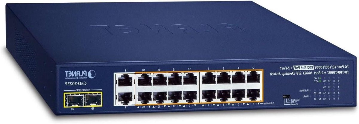 Netwerk Switch - Gigabit Ethernet - Netwerk Uitbreiding - 16 PoE Poorten - 1000 Mbps - Blauw