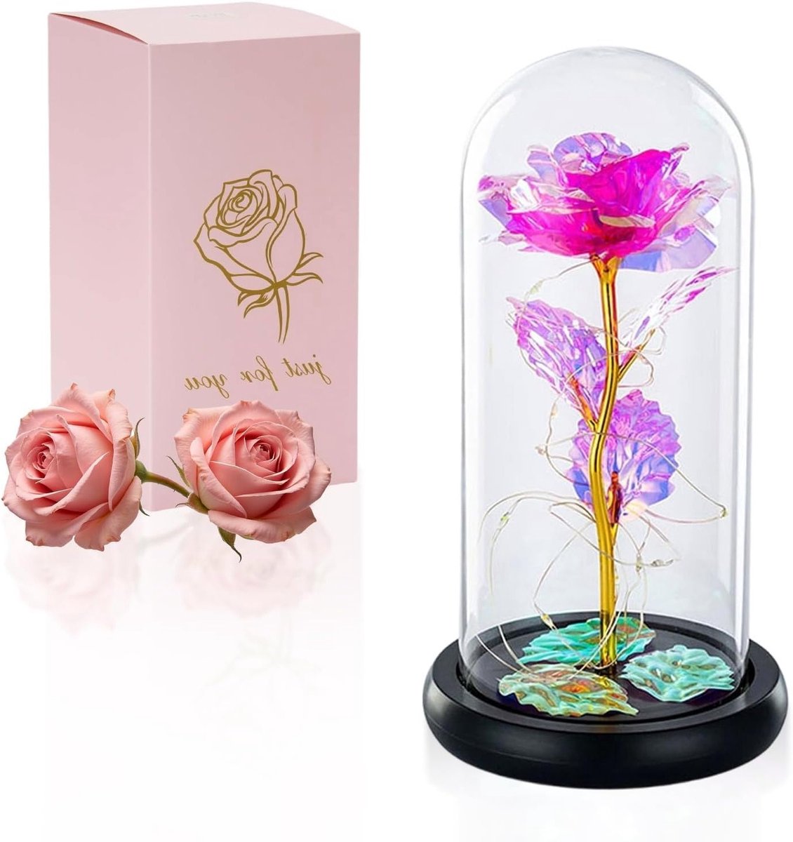 Eternal Crystal Roos in Glazen Kooi met LED Verlichting - Romantisch Cadeau voor Verjaardag, Valentijnsdag en Jubileum voor Haar