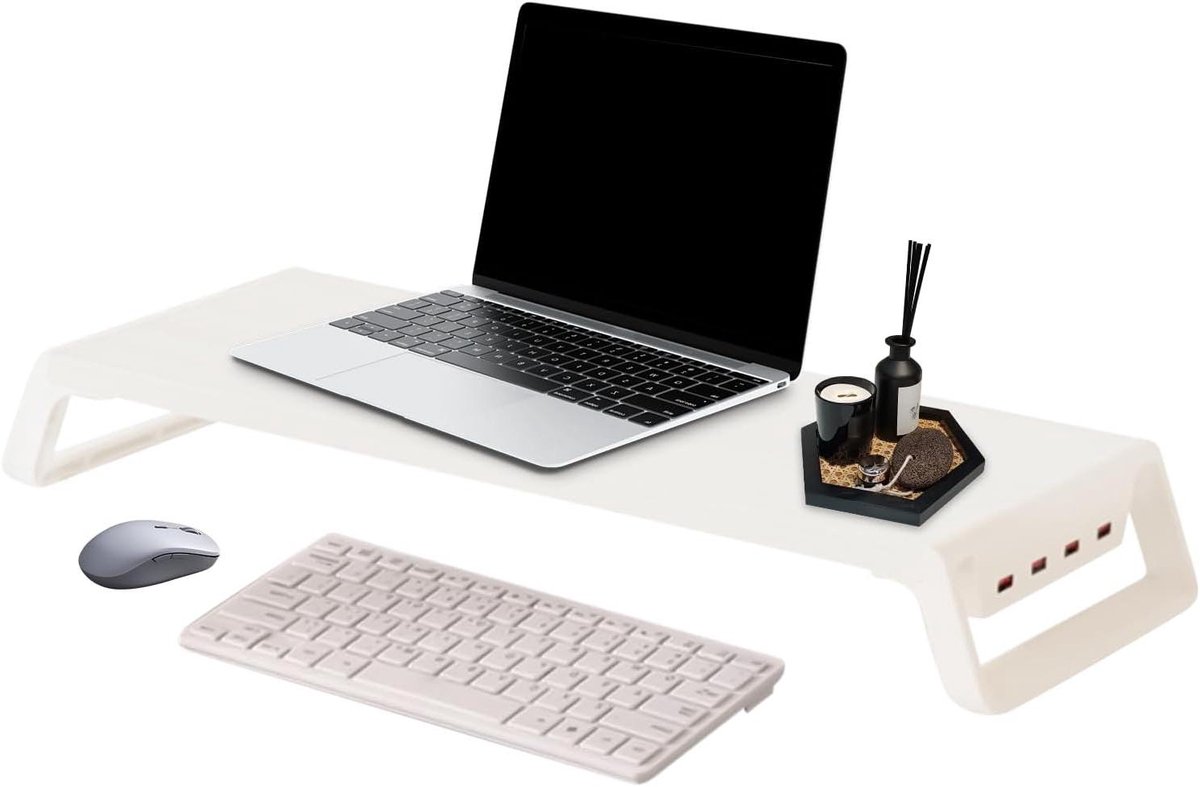 Monitor Verhoger - Bureau Organizer - Ergonomisch Werken - Met USB Poorten - 50x20x7.5cm - Wit