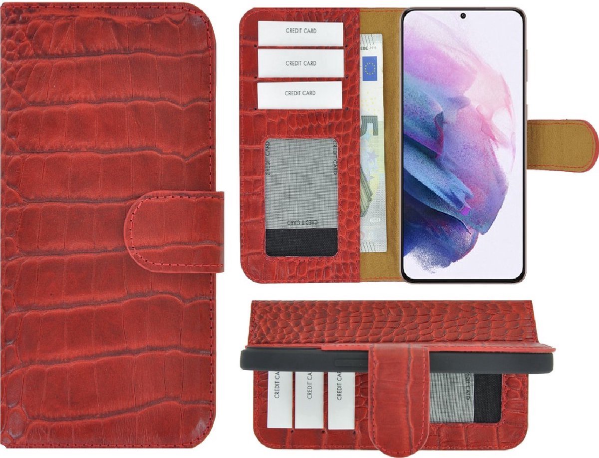 Hoesje Echt Leer Geschikt voor Samsung Galaxy A57 - Bookcase Hoesje - Samsung A57 Wallet Book Case Echt Leer Croco Rood Cover