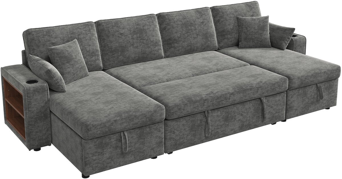 Merax U-Vormige Hoekbank 4-Zits - Grijze Chenille Slaapbank - Uitschuifbare Bank met Opbergruimte - Dubbele Lounge - Bekerhouders - USB-C Laadfunctie - Armleuningplank