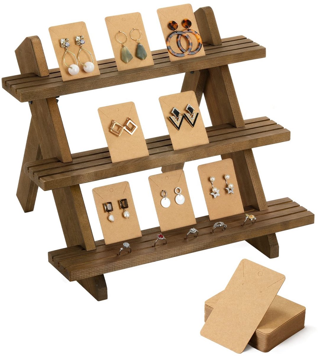 Dailygoody - OmGoods - Dailygoody - Displaystandaard voor oorbellen - Houten sieradenhouder - Bruin - Oorbellen en ringen - Trapsgewijze vitrine - Geschikt voor vrouwen
