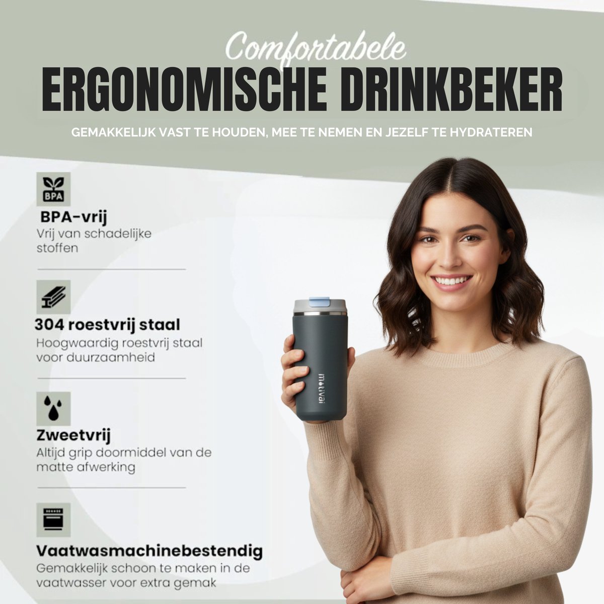 Motivai Daily Cup – Thermosbeker To Go – 350ML RVS Thermosmok – Lekvrij – Dubbelwandig Geïsoleerd – BPA-vrij & Duurzaam – Koffiebeker voor Onderweg – Zwart — cadeau in Koken & Dineren - foto 2