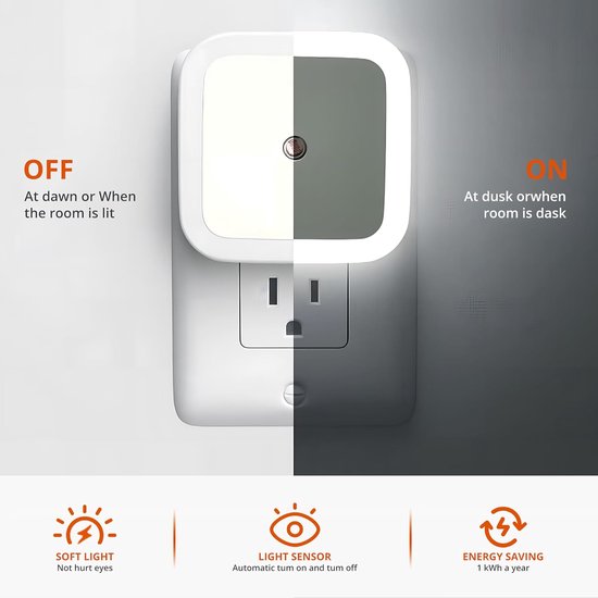 Nachtlampje met 4 warmwitte LED's, stekkerlampje voor kinderen, met lichtsensor, geschikt om te slapen, voor de slaapkamer of als nachtlampje (warm licht). — afbeelding 3