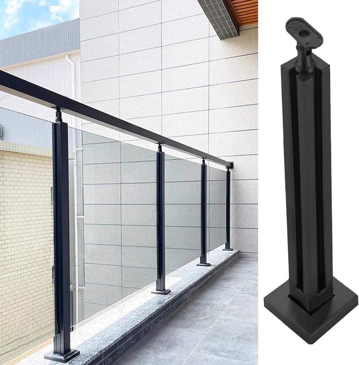 Glazen Leuningpaal - Balusterpaal Hekpaal - Terras Afscheiding - 304 Roestvrij Staal - Hoogte 90cm - Zwart