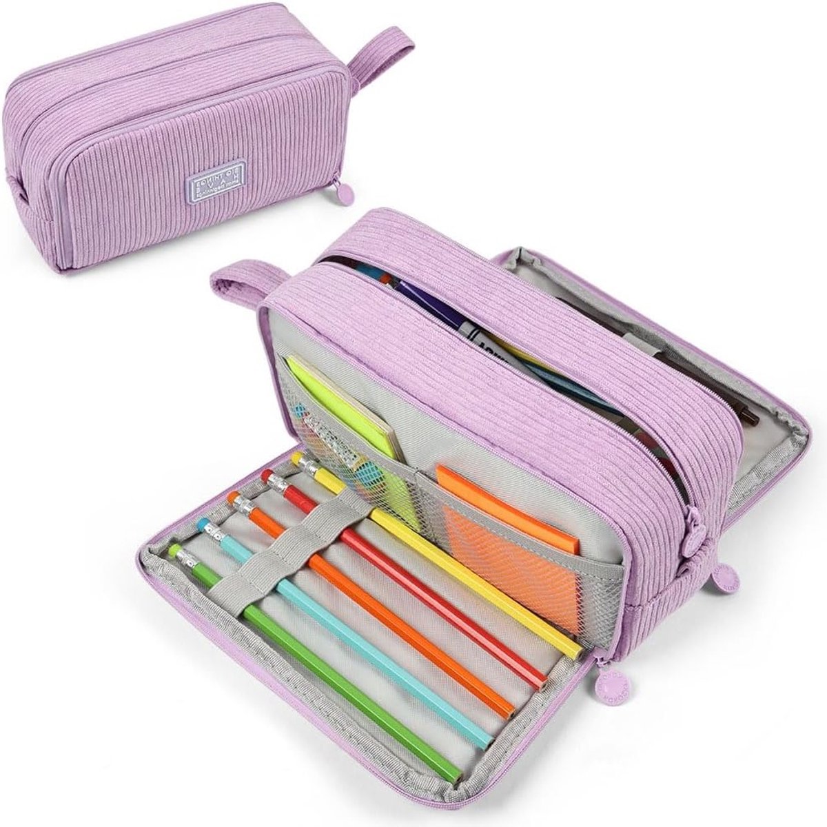 HOTUT 3-Compartment Ribbed Velvet Pencil Case, Large Capacity with Handle for Girls and Boys, Pencil Case for School and Office, purple, pencil case