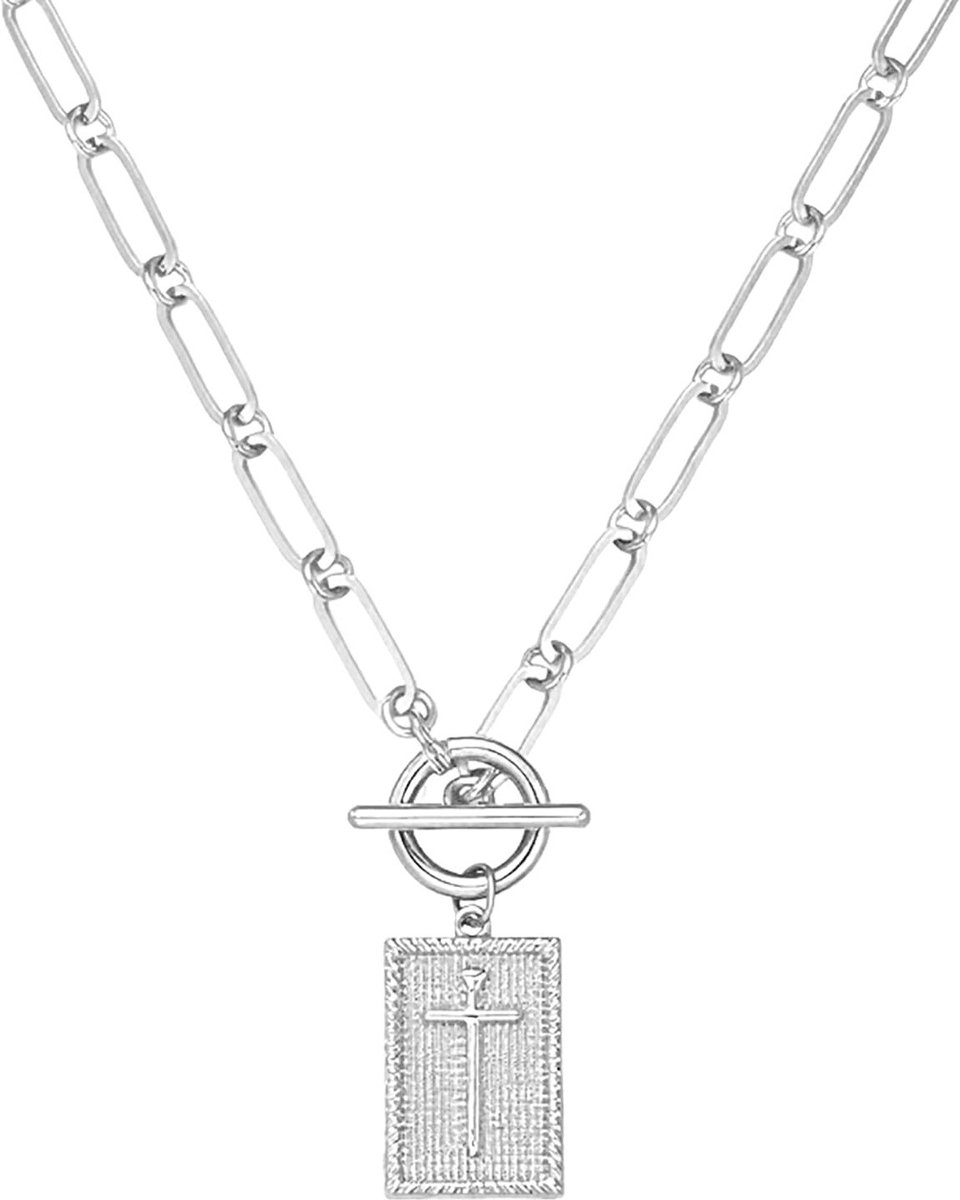Zilveren Kruis Ketting voor Vrouwen, Verzilverd Kruid met Paperclip Schakel en Toggle Sluiting, Religieuze Sieraden voor Geloof, Verjaardag en Kerstcadeaus