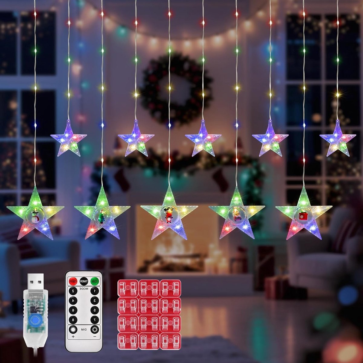 Verlichte Sterren Slinger met 10 Sterren, 3 Meter, 90 LEDs, Kerstdecoratie voor Raam, Afstandsbediening, 8 Verlichtingsmodi, Timer, Waterdicht, USB Voeding voor Sfeervolle Feestdagen en Feesten
