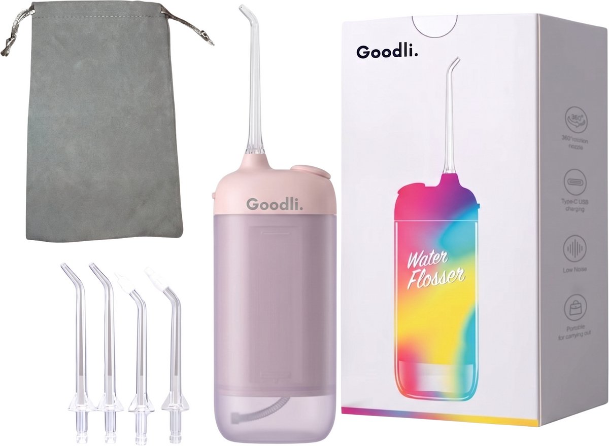 Goodli Elektrische Waterflosser Draadloos - Roze - Monddouche met 4 Standen - IPX8 Waterdicht - 60 Dagen Batterij - Tandplak Verwijderaar voor Tanden en Beugels