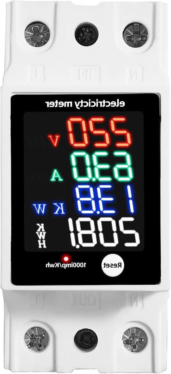 Energiemeter DIN - Stroommeter Verbruiksmeter - Energie Verbruik Monitoren - Real-time LED Display - 35mm DIN Rail - Grijs