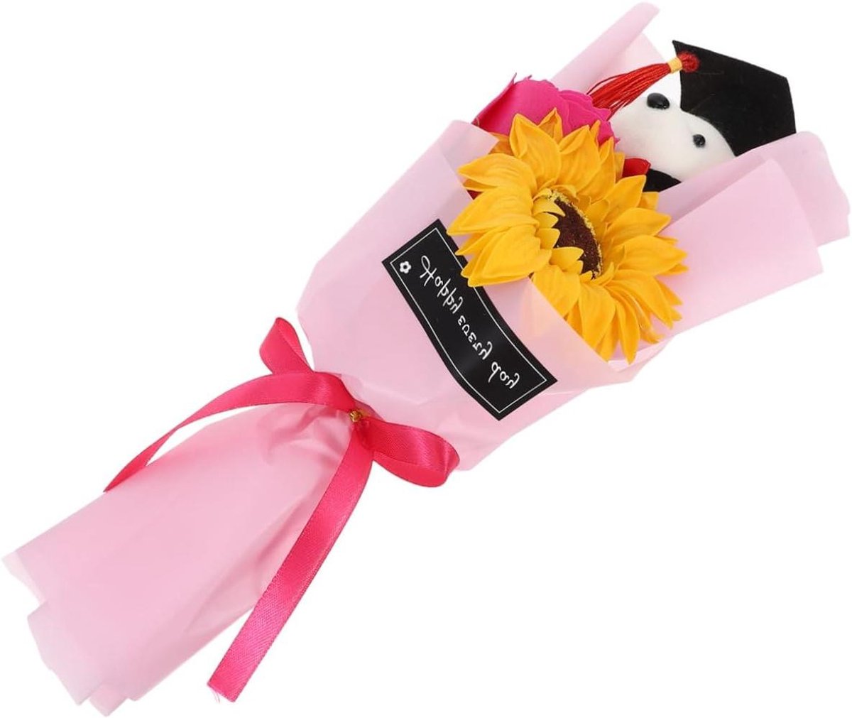 Afstudeerbeer Bloemenboeket - Pluche Boeket Beer - Afstudeerfeest Decoratie - Met Kunstbloemen - 27.5 cm Breed - Roze