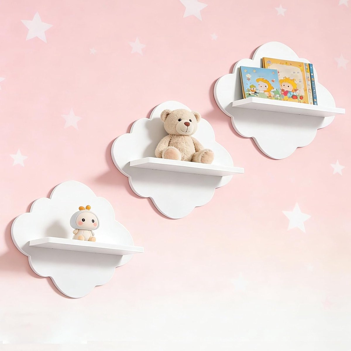 Set van 3 Wandplanken in Wolkenvorm voor Kinderboeken en Tonieboxen - Witte Planken voor Kinderkamer, Speelkamer en Studiehoek Decoratie