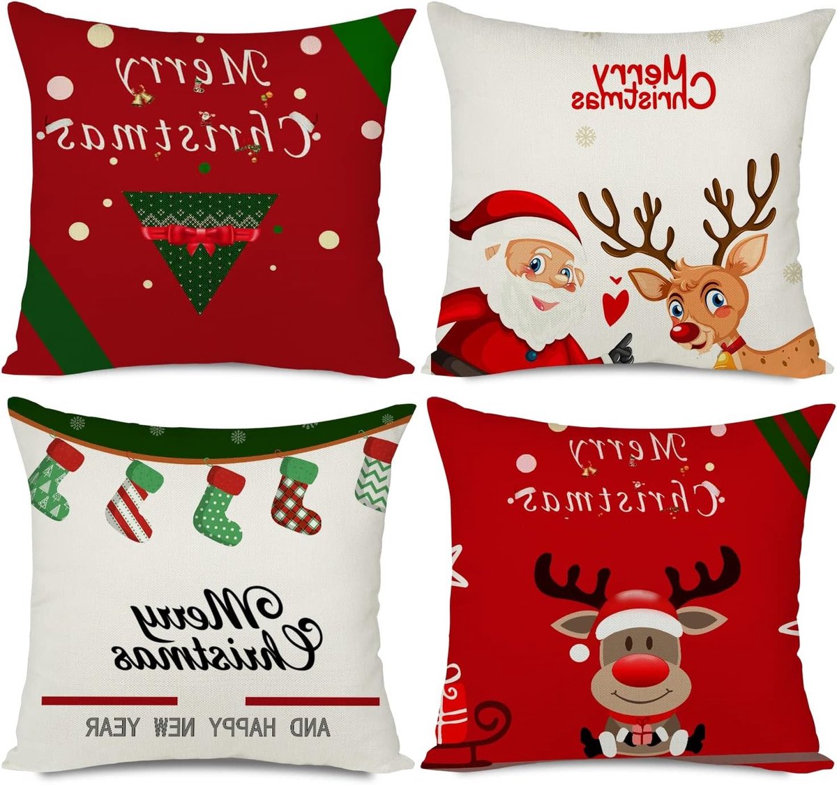 Set van 4 Kerstdecoratie Kussenslopen 18x18, Merry Christmas Cartoon Patroon Katoen Linnen Decoratieve Kussens voor Bank en Woonkamer