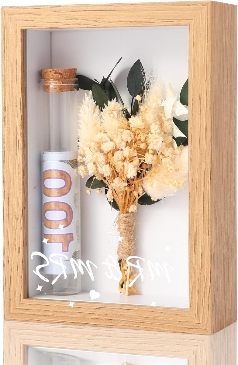 Unieke Geldcadeaus voor Bruidsparen, met Gedroogde Bloemen, Houten Doos en Plastic Proefbuisjes