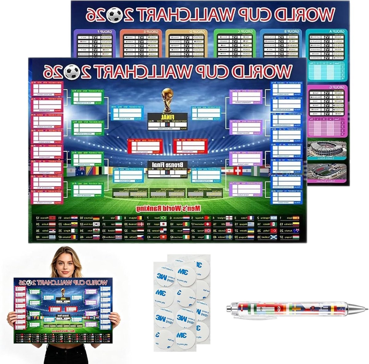WK Speelplan 2026 poster, 87 x 58 cm, beschrijfbaar toernooiplan voor voetbalfans, wanddecoratie met speelboom en pen, ideaal voor het volgen van wedstrijden