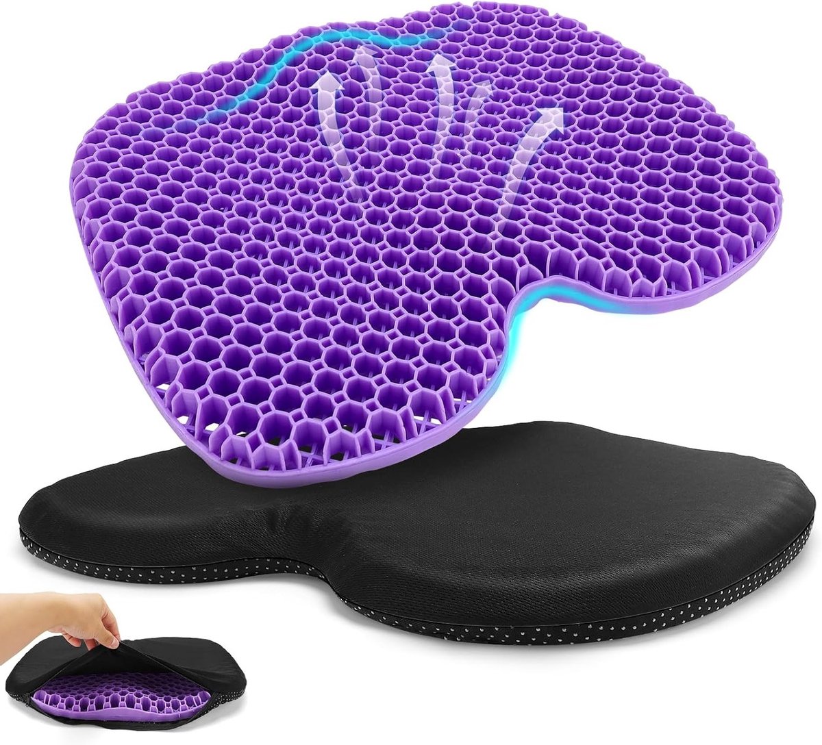 Extra grote orthopedische gelkussen voor zitcomfort, 48 x 38 x 5 cm, honingraatstructuur voor sterke ondersteuning, verlicht rugpijn en is ideaal als zitkussen voor bureaustoelen en rolstoelen.