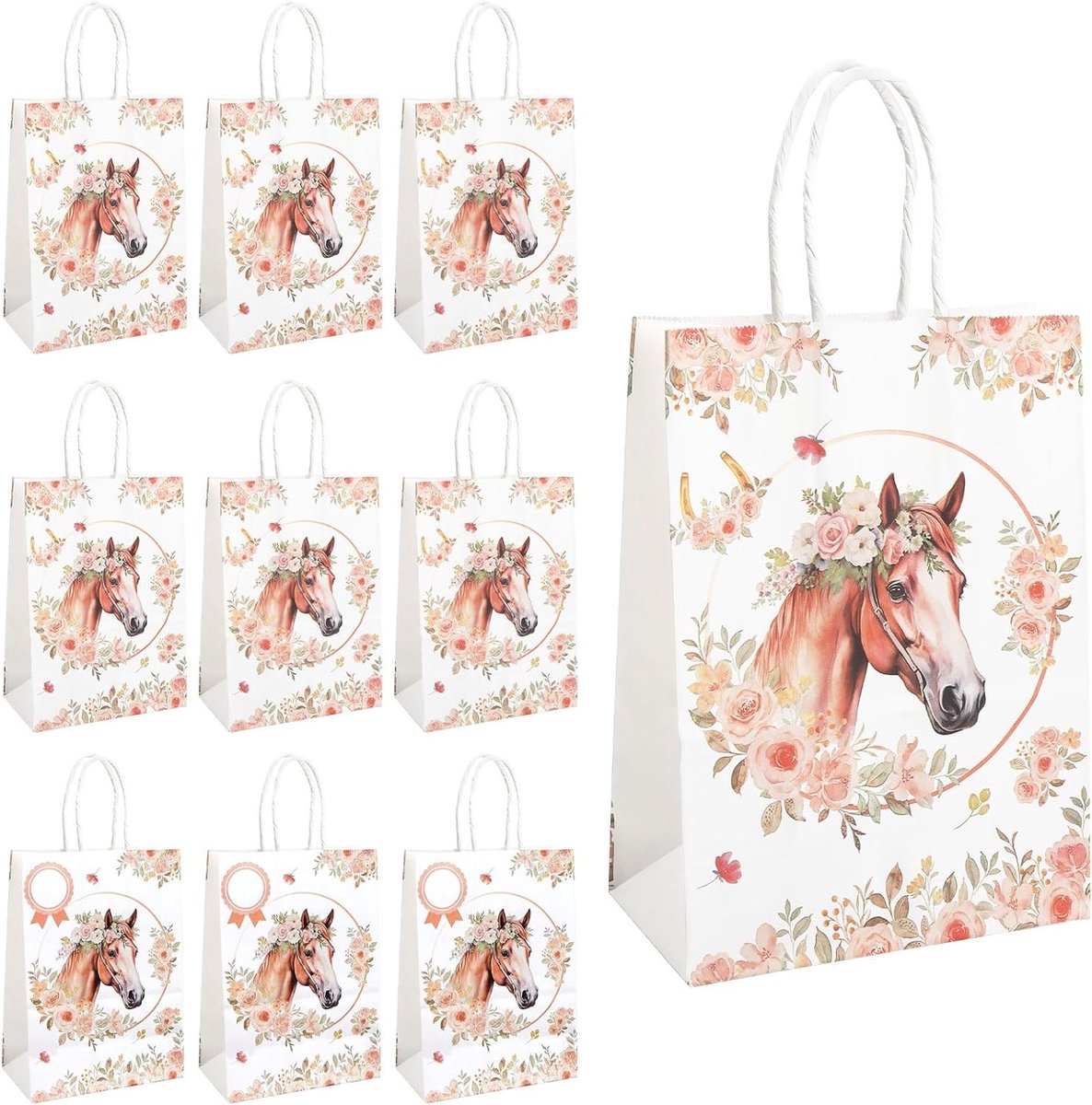 Paardenfeesttassen set van 10, papieren cadeauzakjes met handvat, naamhangers en gastgeschenken voor paardenverjaardagen en feestjes