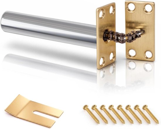 Messing deurdranger met een metalen cilinder, ketting en twee messing platen met schroeven. Een messing afstandshouder is ook afgebeeld.