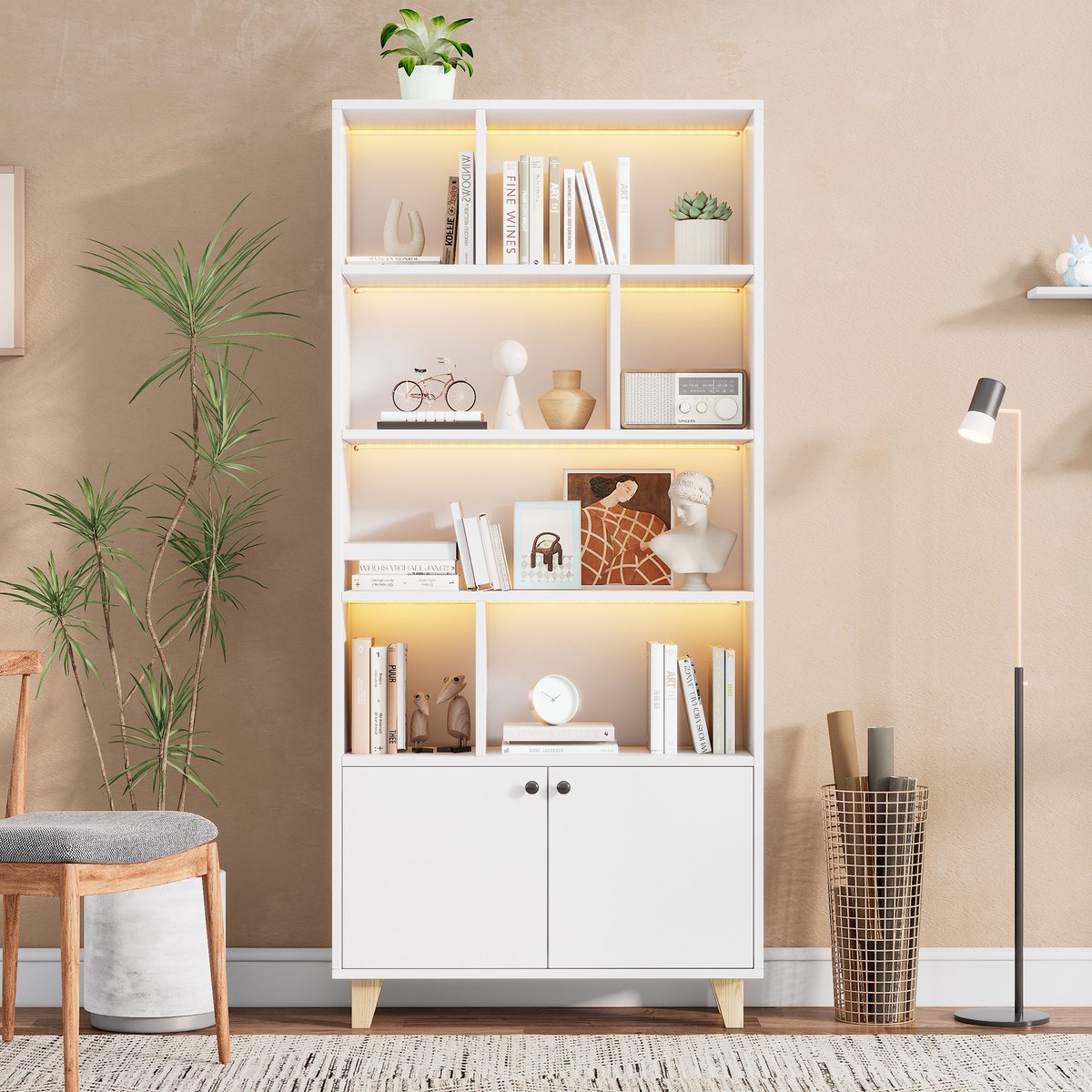 Boekenkast - 80x30x173 cm wit - met LED sfeerverlichting (afstandsbediening) - massief houten poten - dubbele deuren