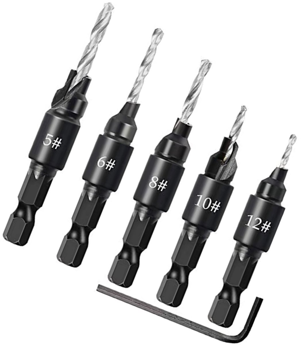Dailygoody - Verzinkboor - Houtbewerking - Diepte Verstelbaar - 5 Pack - Pilot Bits - Geschikt voor Schroefgaten - 3in1 Boren
