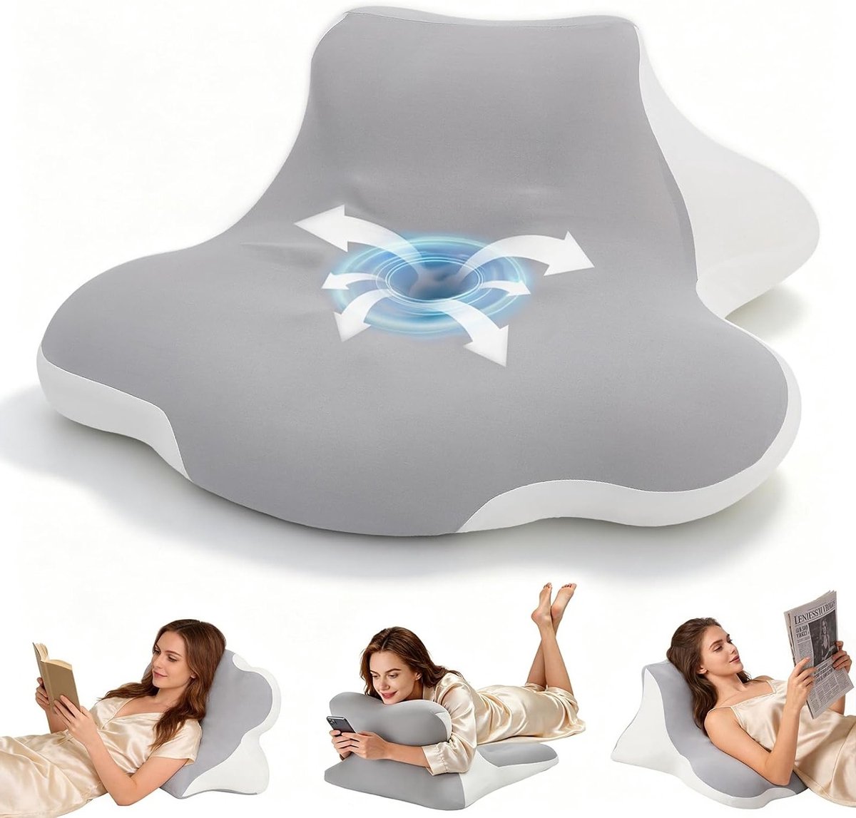 Ergonomisch 4-in-1 nekkussen van traagschuim met twee-zone-design, ideaal voor zij-, rug- en buikslapers, afneembare overtrek en multifunctioneel leeskussen voor optimaal comfort en ondersteuning (grijs-wit)