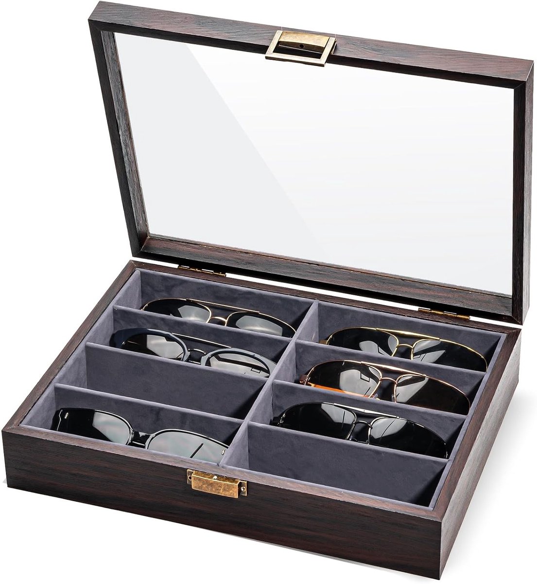 Houten zonnebril organizer voor mannen en vrouwen, glazen display case voor meerdere brillen, opbergdoos voor zonnebrillen en leesbrillen - Espresso kleur