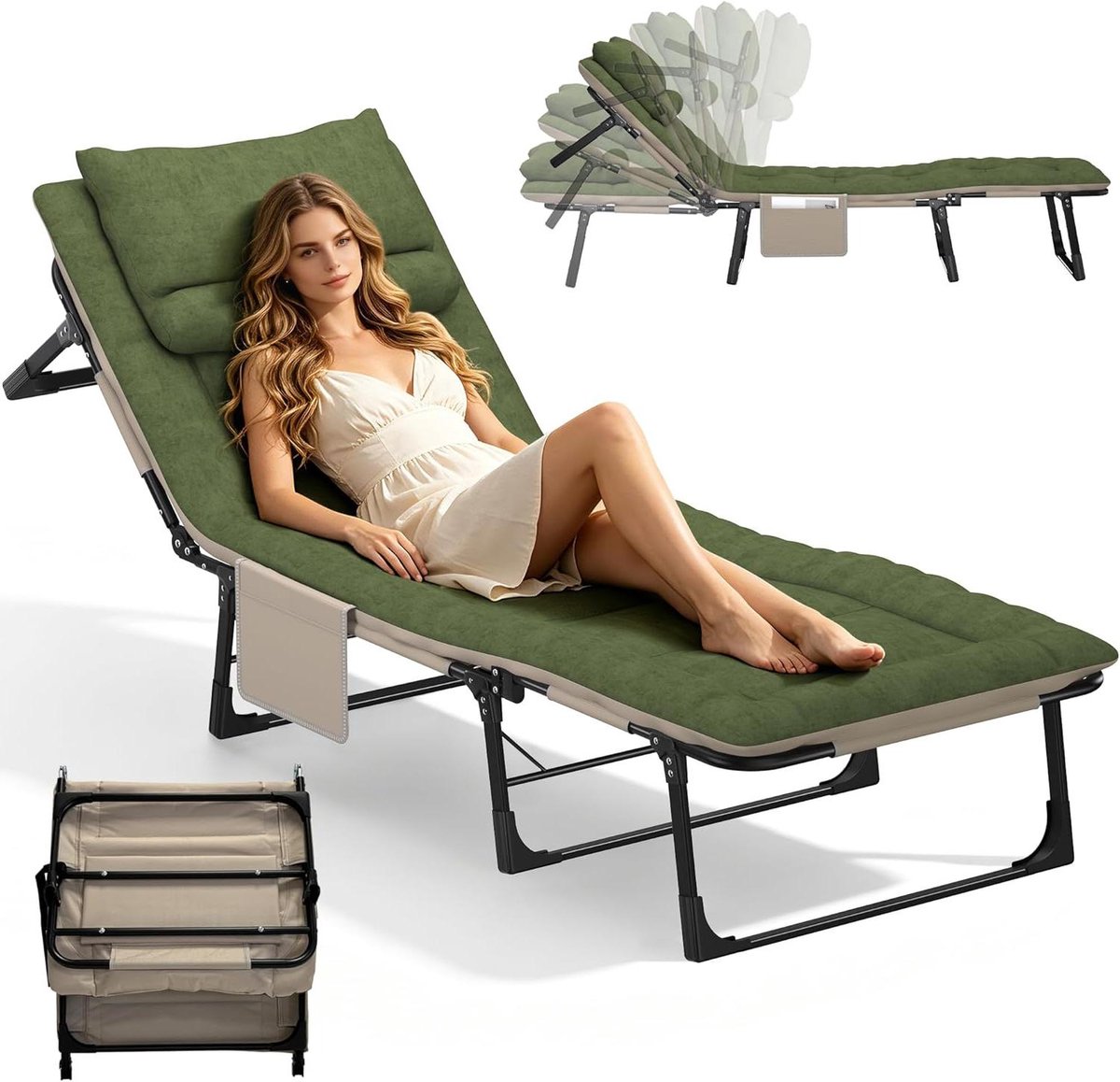 Campingbed Opvouwbaar - Veldbed Ligbed - Kamperen Ontspannen - Verstelbare Rugleuning - 190 x 68 cm - Groen