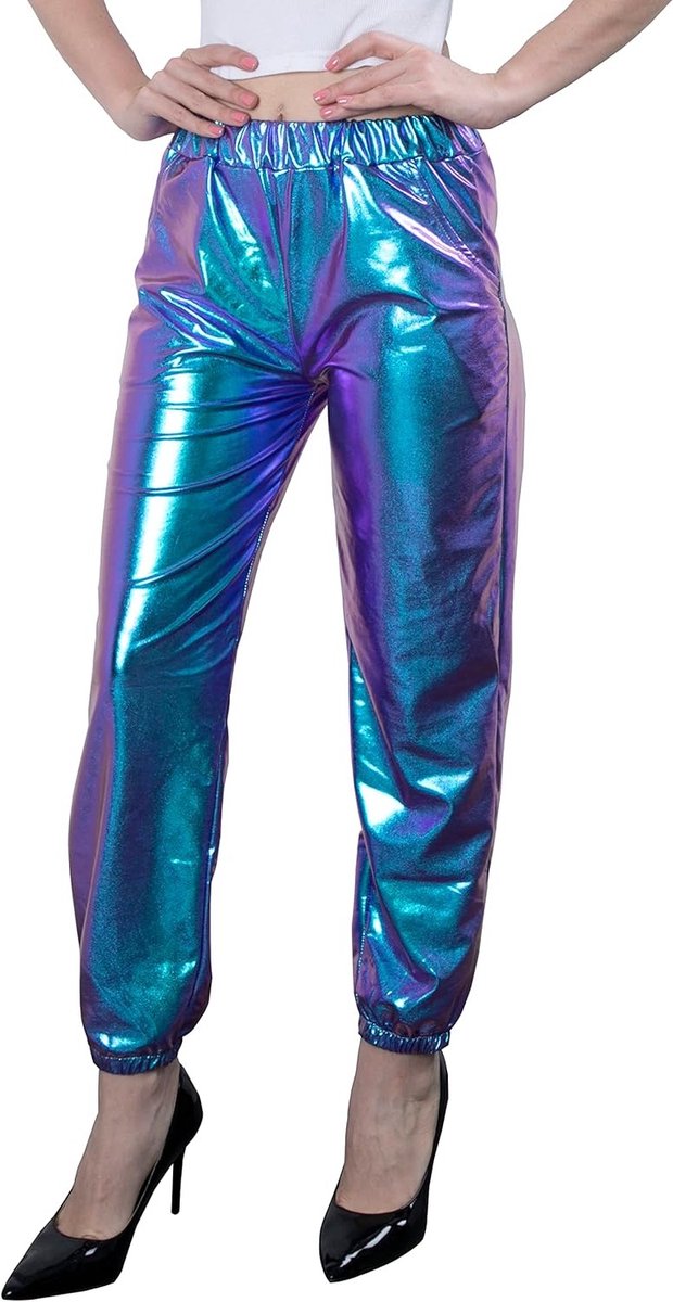Dames Metallic Shiny Joggingbroeken in Holografische Kleur voor Casual Streetwear en Hip Hop Stijl, Comfortabele Elastische Broek