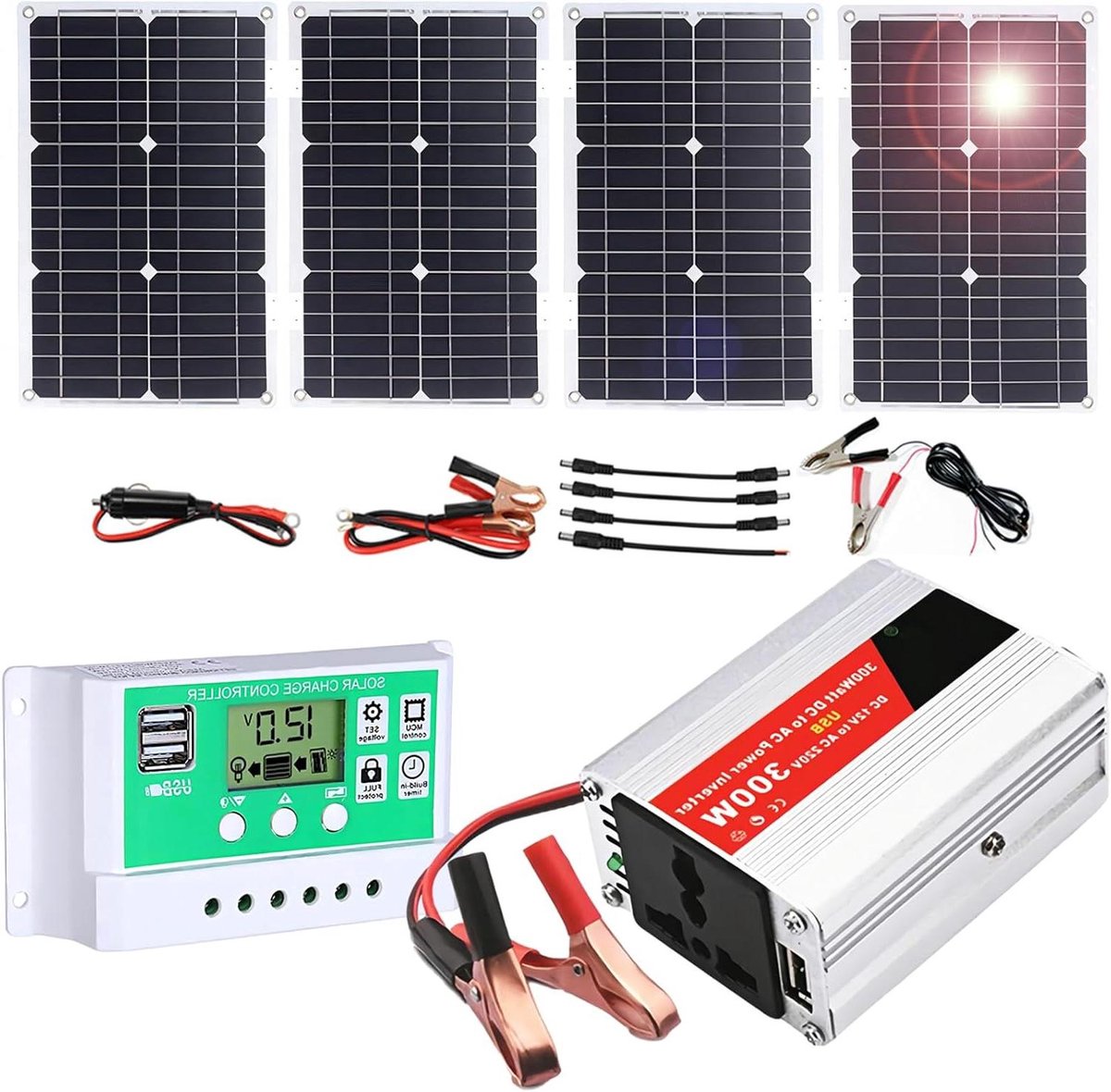 Zonne-energie Kit - Mobiele Energie - Kamperen en Reizen - Compleet Systeem - 300W Omvormer - One Color