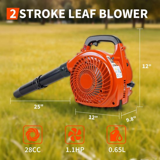 Tweetakt bladblazer met handbediening, bladblazer met benzinemotor van 1,1 pk en 28 cc, luchtvolume van 490 CFM, windsnelheid van 180 MPH, krachtige reinigingsprestaties en ergonomisch ontwerp - voor gazononderhoud - oranje — afbeelding 5