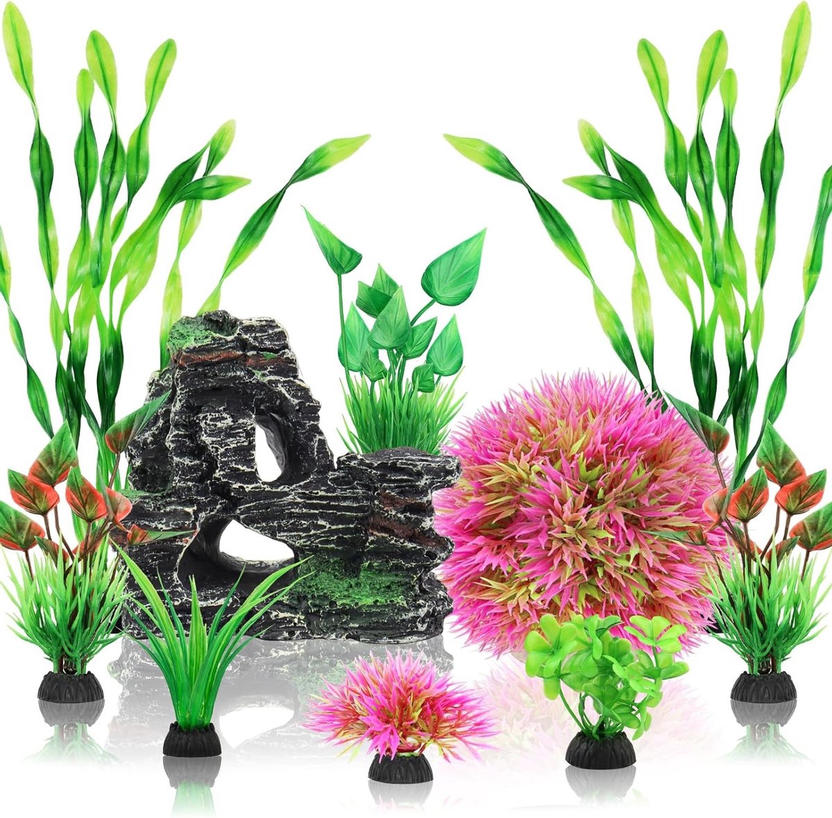 Kleurrijke Aquarium Planten en Ornamenten Set van 10 Stukken voor Viskommen, Decoratie met Rotsen en Grotten