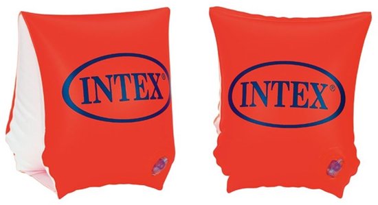 Twee oranje Intex zwembandjes met blauw logo, close-up.
