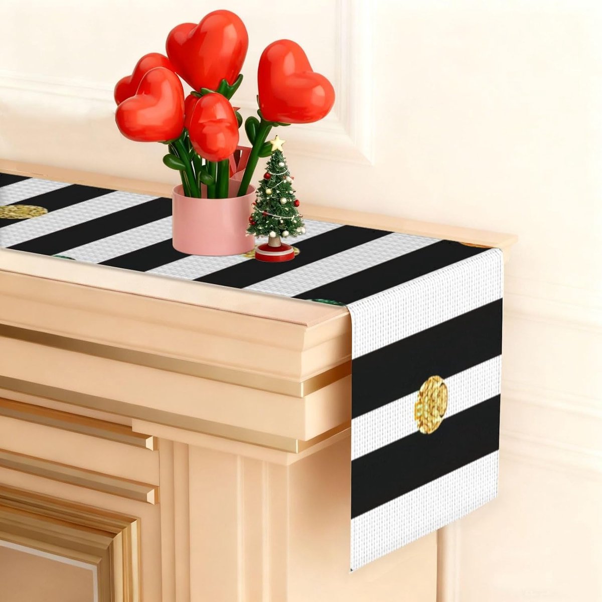 Tafelloper - Linnen Runner - Entree Decoratie - Rustieke Textuur - 33 x 183 cm - Zwart Wit Print