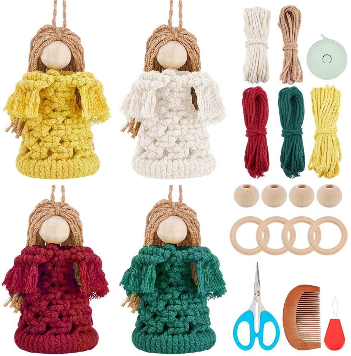 SPHProducts - Macrame Kit - Engel Ornamenten - Voor Beginners - Boho Kerstdecoratie - Creatieve Hobby - Handwerk en DIY - Geschikt voor Feestdagen - 4 ...