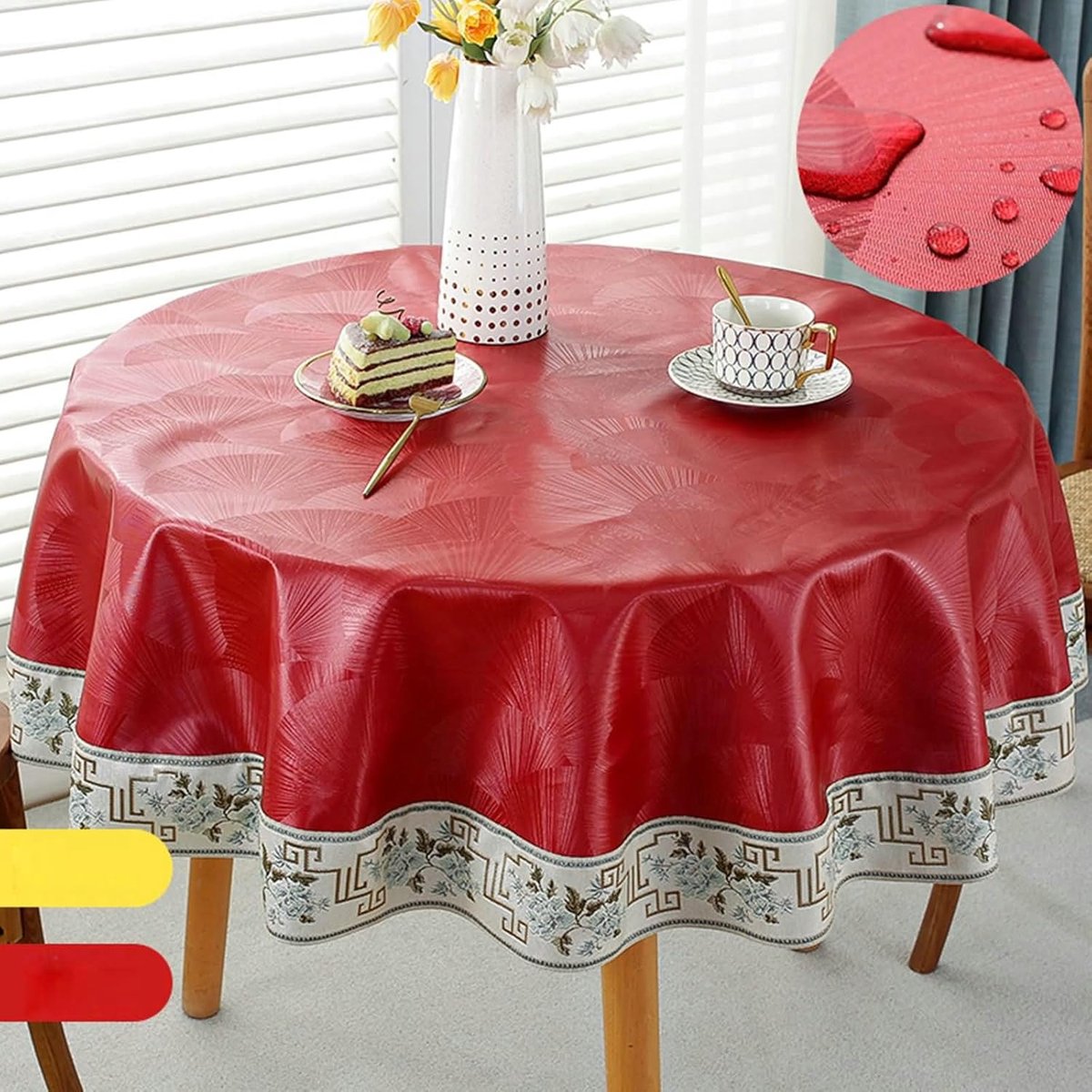 Tafelkleed Rond - Eettafelkleed - Eetkamer Decoratie - Borduursel Patroon - 180 cm - Wijnrood