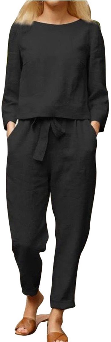 aladdien - Dames Broekpakken - Casual Lente Herfst - Wijde Pijpen - Ronde Hals - Trekkoord Taille - Met Zakken - Kleur Zwart