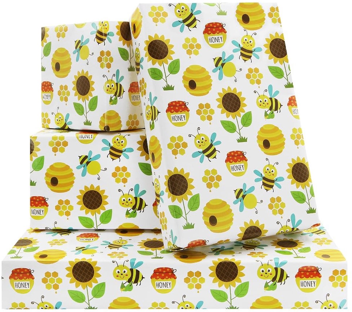 ONF3 - Verjaardagsinpakpapier - Cadeaupapier voor kinderen - Voor verjaardag of babyshower - Geel - Bijen en bloemen thema - 4 vellen 50 x 70 cm...